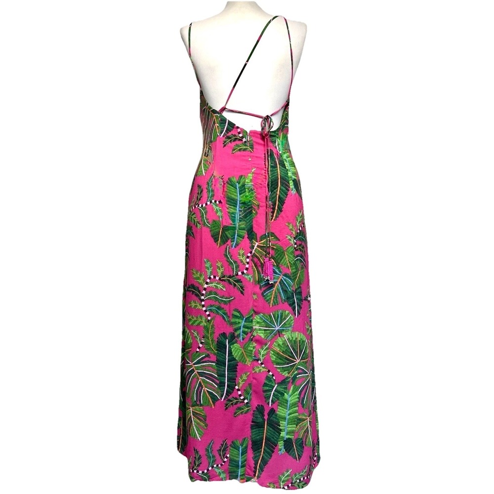 Farm Rio Leaves Pink Midi Dress XS Strappy Ruched Front Slit Tropical Print - Picture 9 of 16